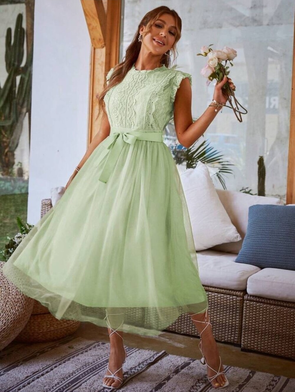 Women's Simplee Brand Contrast Lace Mint Green Belted Mesh Midi Dress | SIZE L